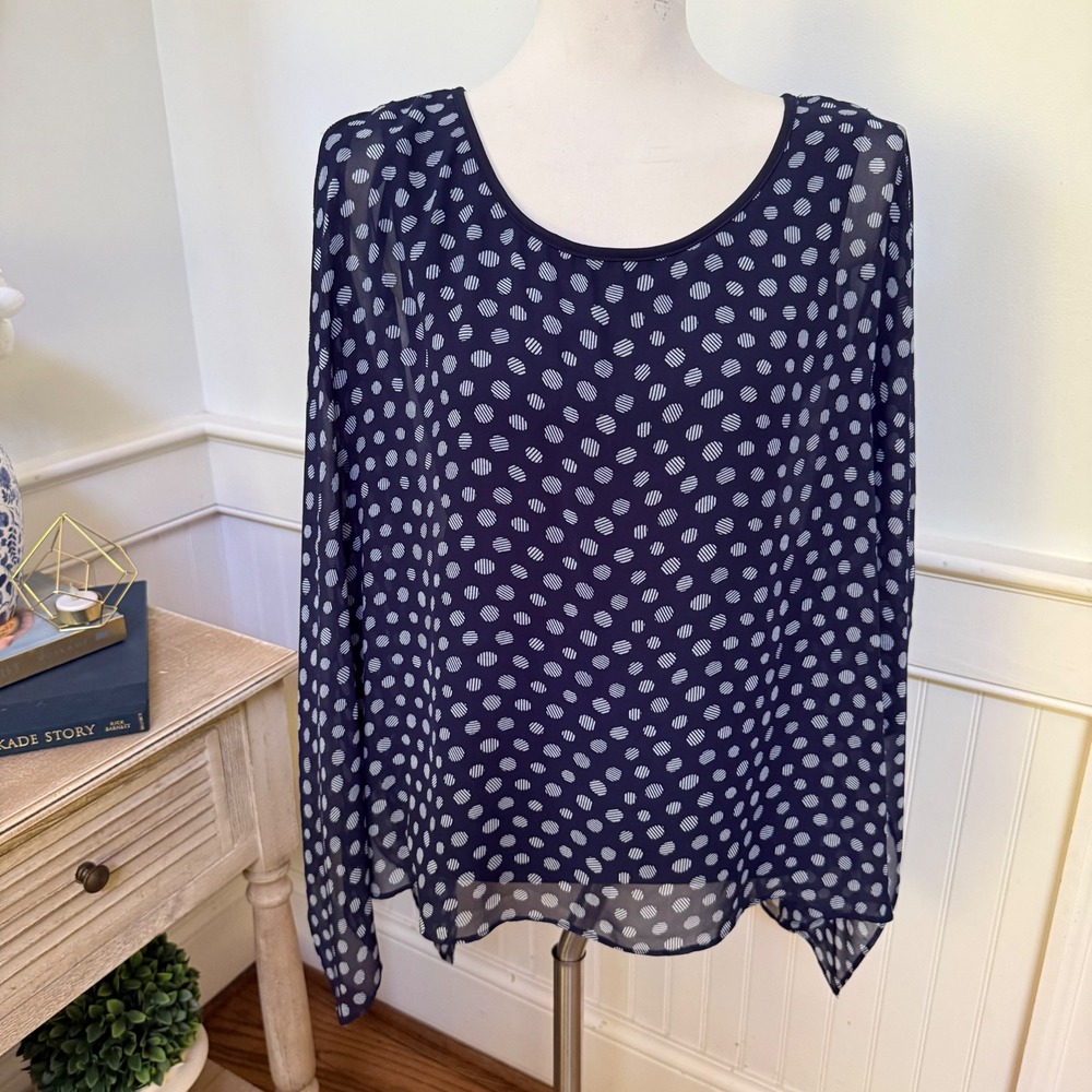 Neiman Marcus Navy Blue Polka Dot Cold Shoulder Chiffon Layered Blouse Small